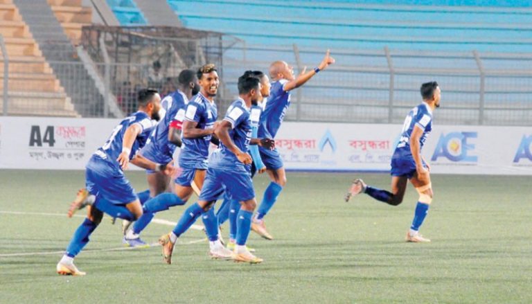 Sheikh Russel Krira Chakra players celebrate after defeating Abahani Limited in their Federation Cup